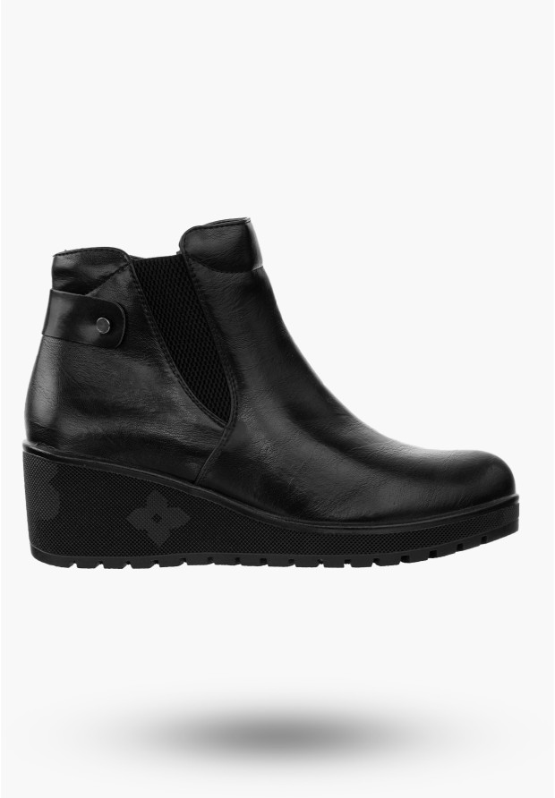 Buty Damskie Botki Ocieplane Ze Skóry Ekologicznej Czarne Na Koturnie Na Zimę ASA207-4