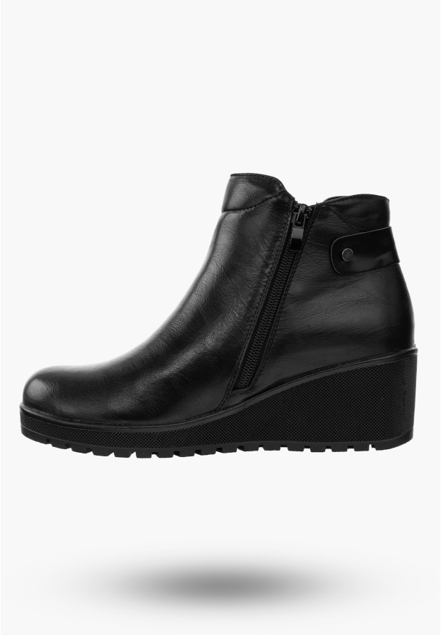 Buty Damskie Botki Ocieplane Ze Skóry Ekologicznej Czarne Na Koturnie Na Zimę ASA207-4