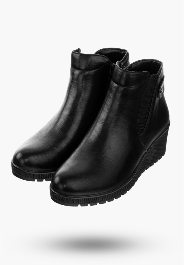Buty Damskie Botki Ocieplane Ze Skóry Ekologicznej Czarne Na Koturnie Na Zimę ASA207-4
