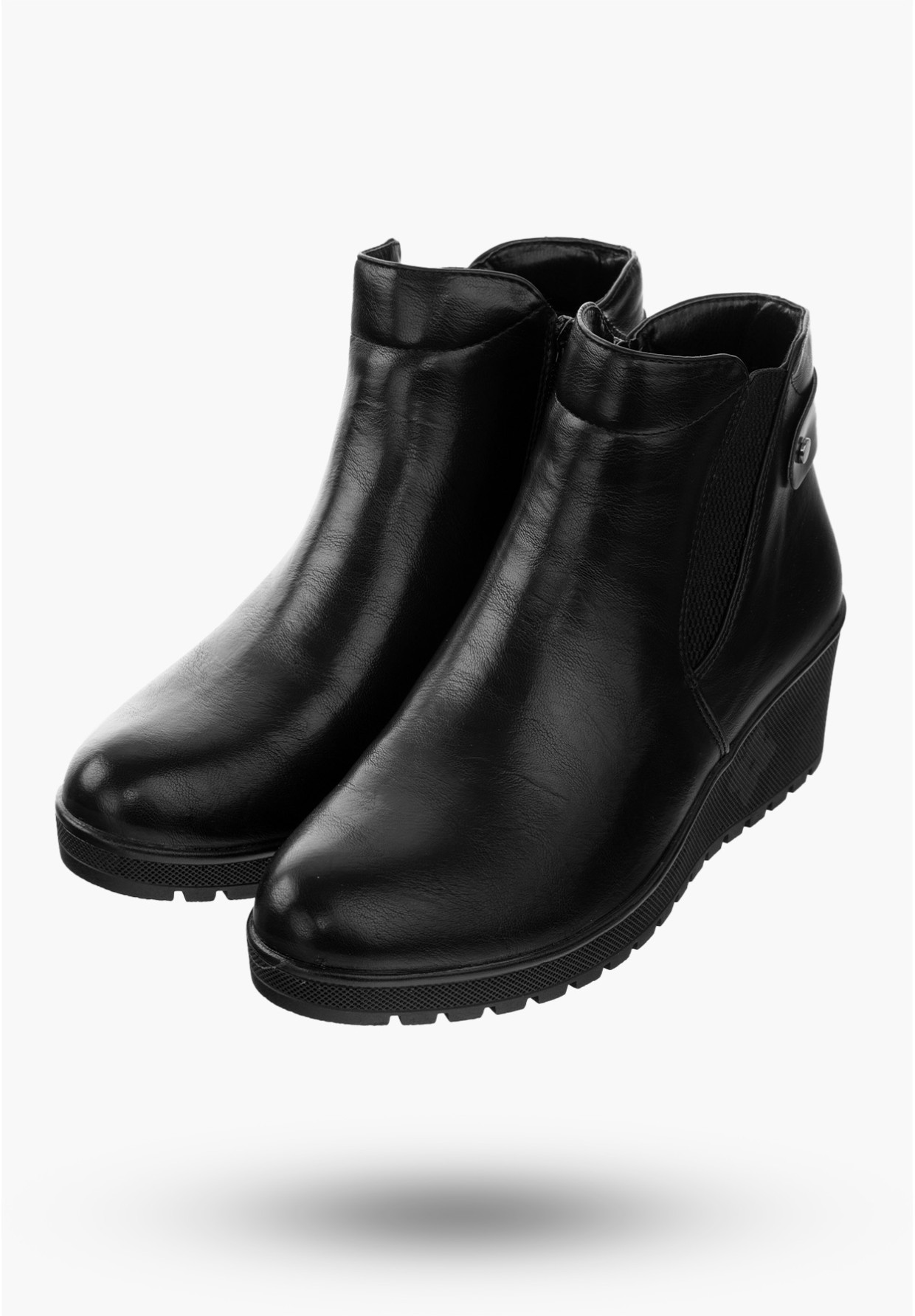 Buty Damskie Botki Ocieplane Ze Skóry Ekologicznej Czarne Na Koturnie Na Zimę ASA207-4