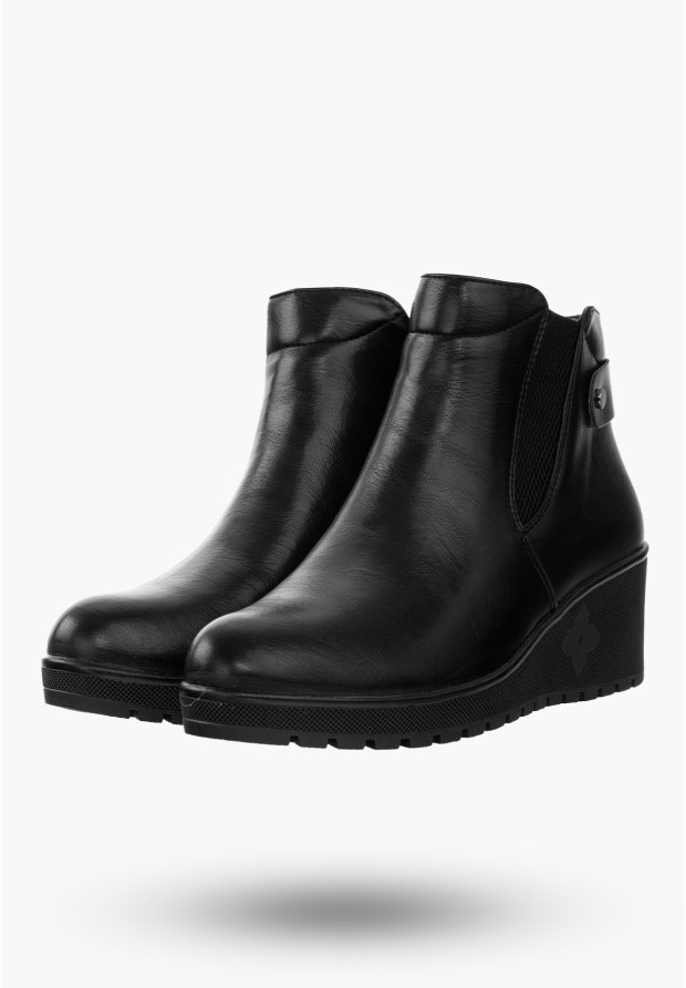 Buty Damskie Botki Ocieplane Ze Skóry Ekologicznej Czarne Na Koturnie Na Zimę ASA207-4