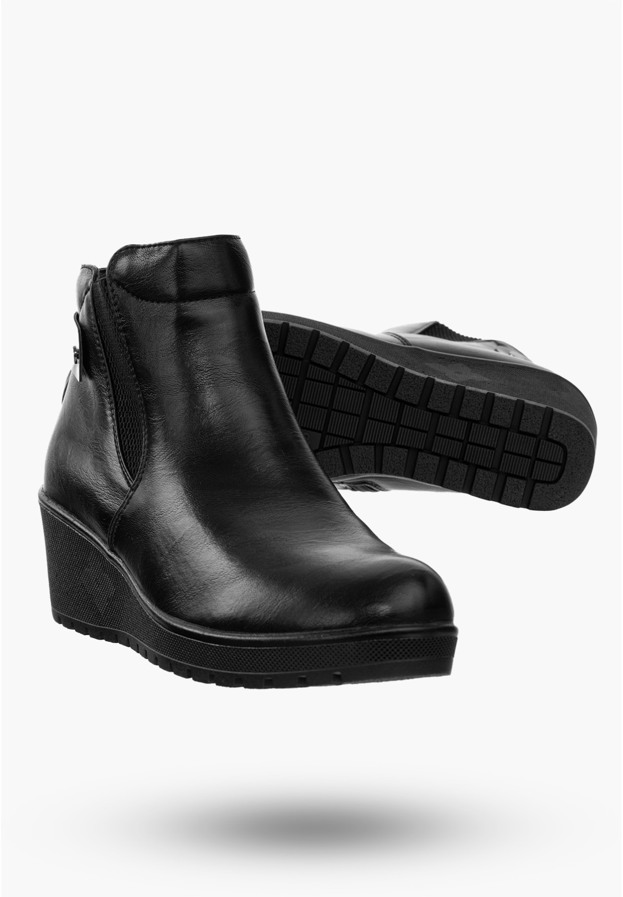Buty Damskie Botki Ocieplane Ze Skóry Ekologicznej Czarne Na Koturnie Na Zimę ASA207-4