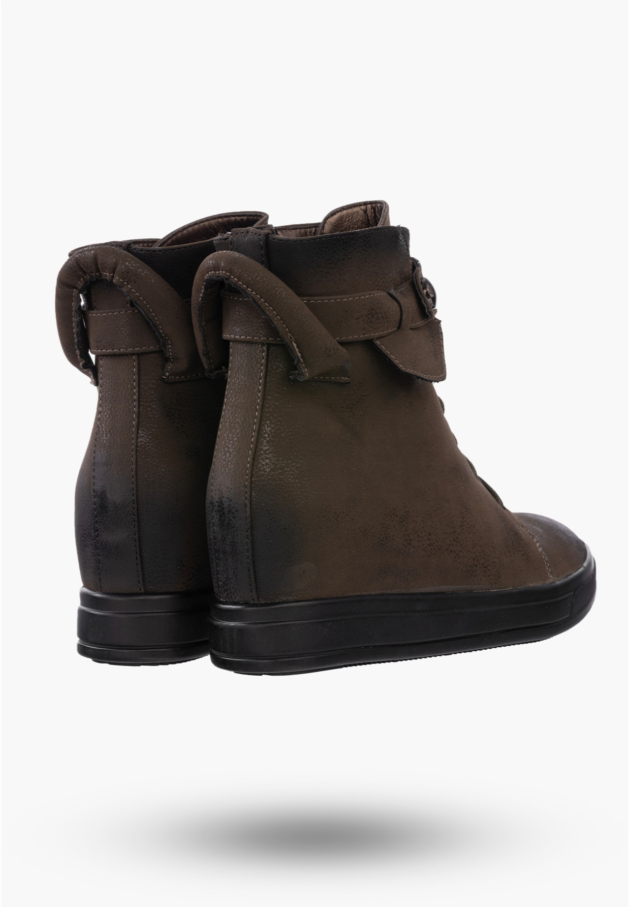 Botki Damskie Buty Ocieplane Oliwkowe ze Skóry Ekologicznej Na Koturnie Na Zimę ASA143-8