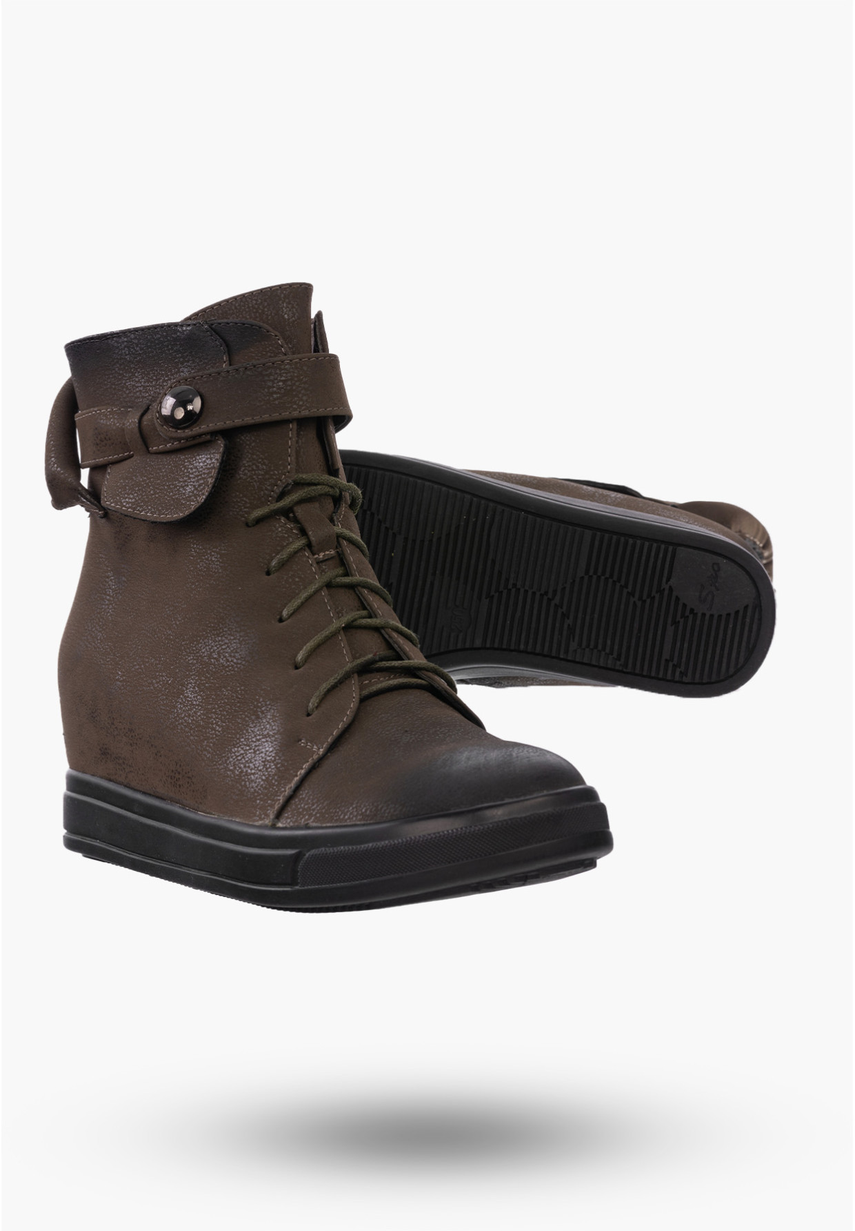 Botki Damskie Buty Ocieplane Oliwkowe ze Skóry Ekologicznej Na Koturnie Na Zimę ASA143-8