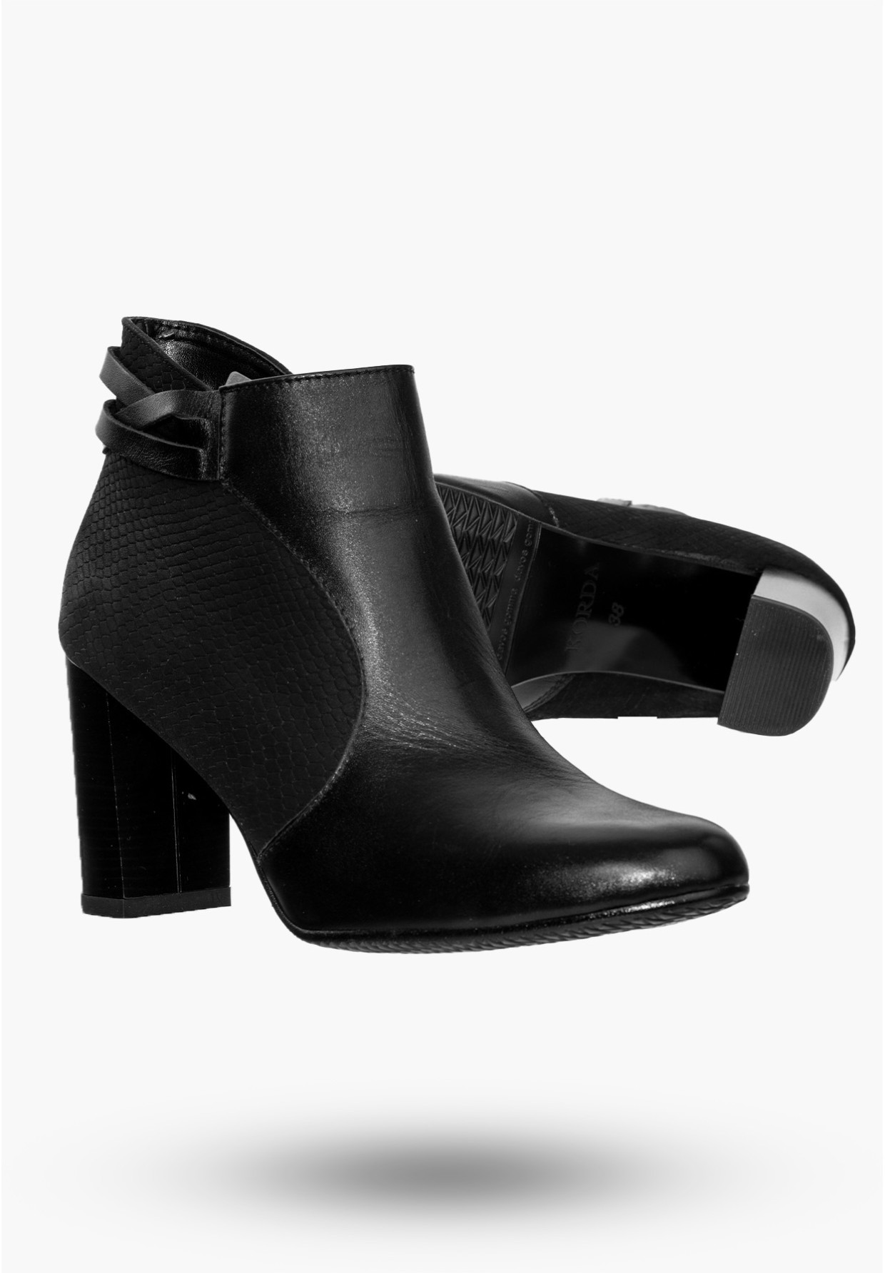 Buty Damskie Botki Skórzane Ocieplane Na Słupku Czarne Na Zimę 1627