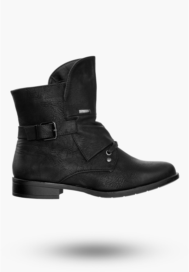 Buty Damskie Botki Ekoskóra Na Płaskim Obcasie Czarne Na Zimę MR1711-4