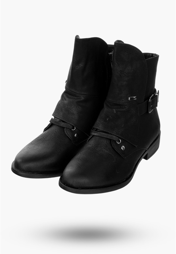 Buty Damskie Botki Ekoskóra Na Płaskim Obcasie Czarne Na Zimę MR1711-4