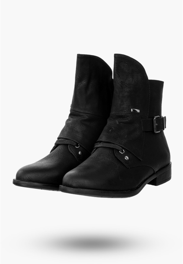 Buty Damskie Botki Ekoskóra Na Płaskim Obcasie Czarne Na Zimę MR1711-4