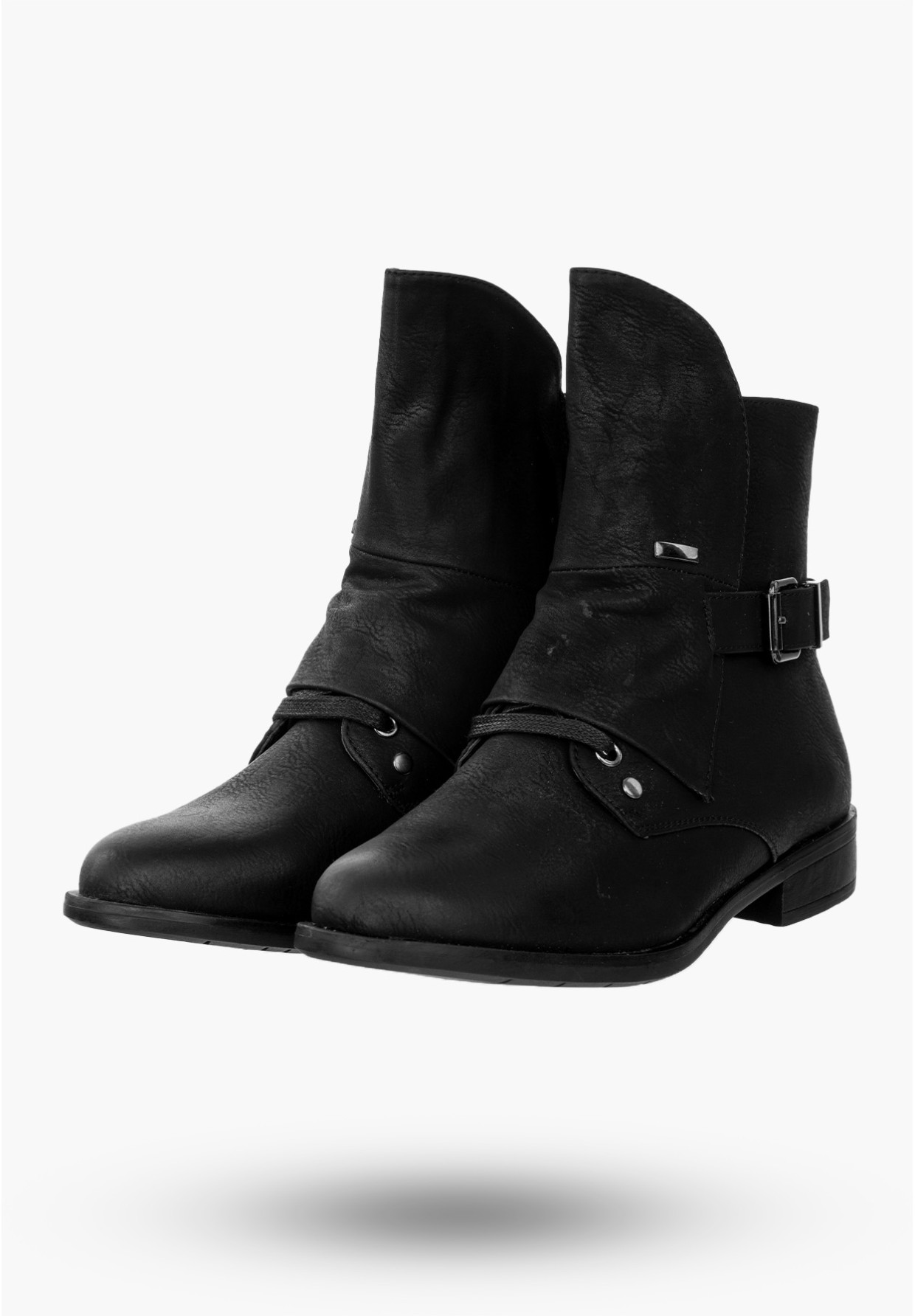 Buty Damskie Botki Ekoskóra Na Płaskim Obcasie Czarne Na Zimę MR1711-4