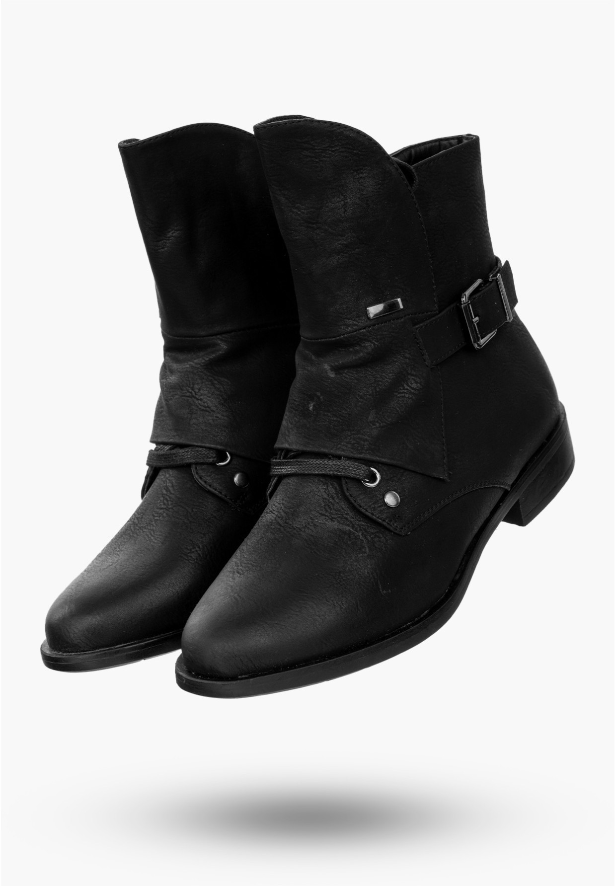 Buty Damskie Botki Ekoskóra Na Płaskim Obcasie Czarne Na Zimę MR1711-4