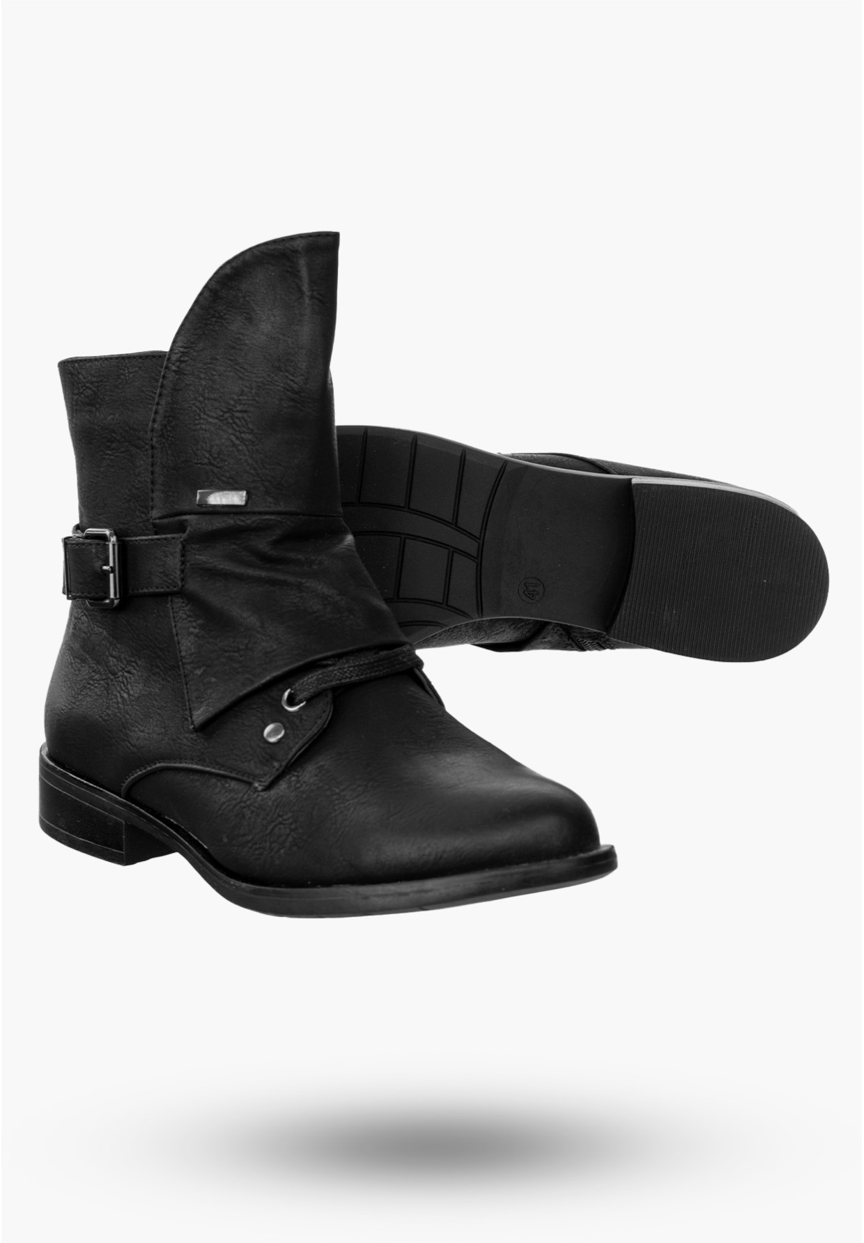 Buty Damskie Botki Ekoskóra Na Płaskim Obcasie Czarne Na Zimę MR1711-4