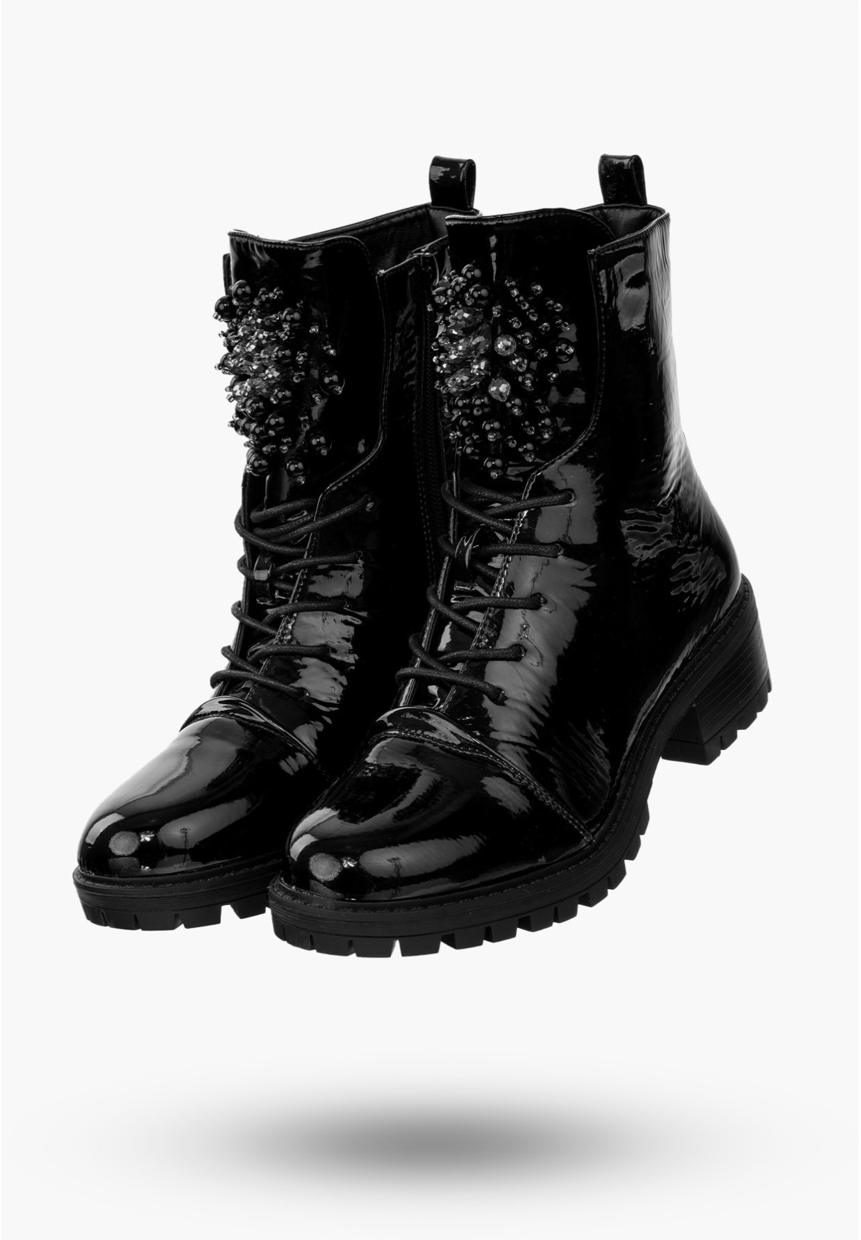 Buty Damskie Botki Ekoskóra Czarne Z Ozdobnymi Aplikacjami Ocieplane Na Zimę RMR2071-15