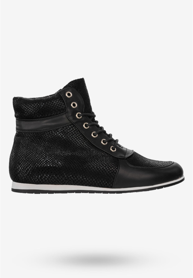 Buty Damskie Botki Ekoskóra Na Zimę Klasyczne Sznurowane Czarne 3802