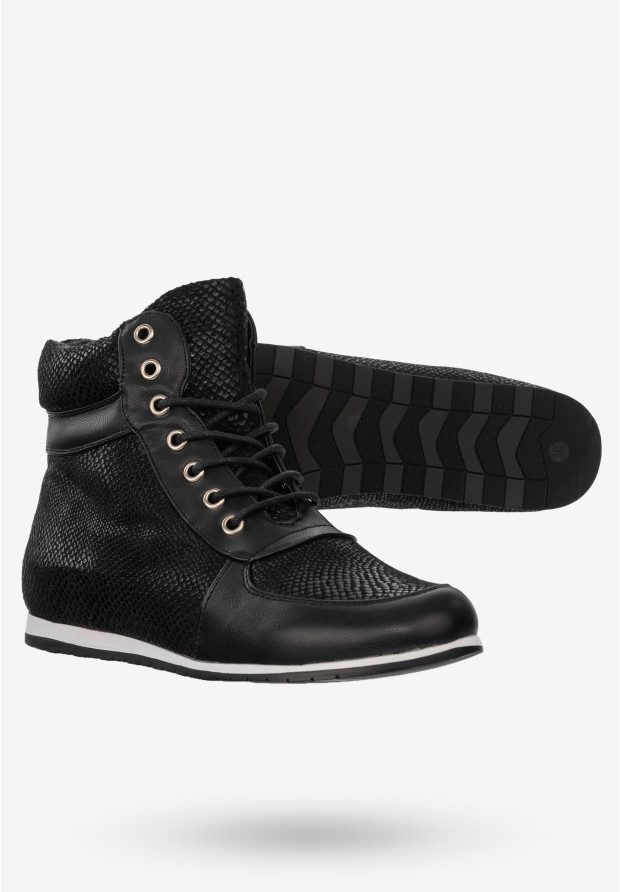Buty Damskie Botki Ekoskóra Na Zimę Klasyczne Sznurowane Czarne 3802