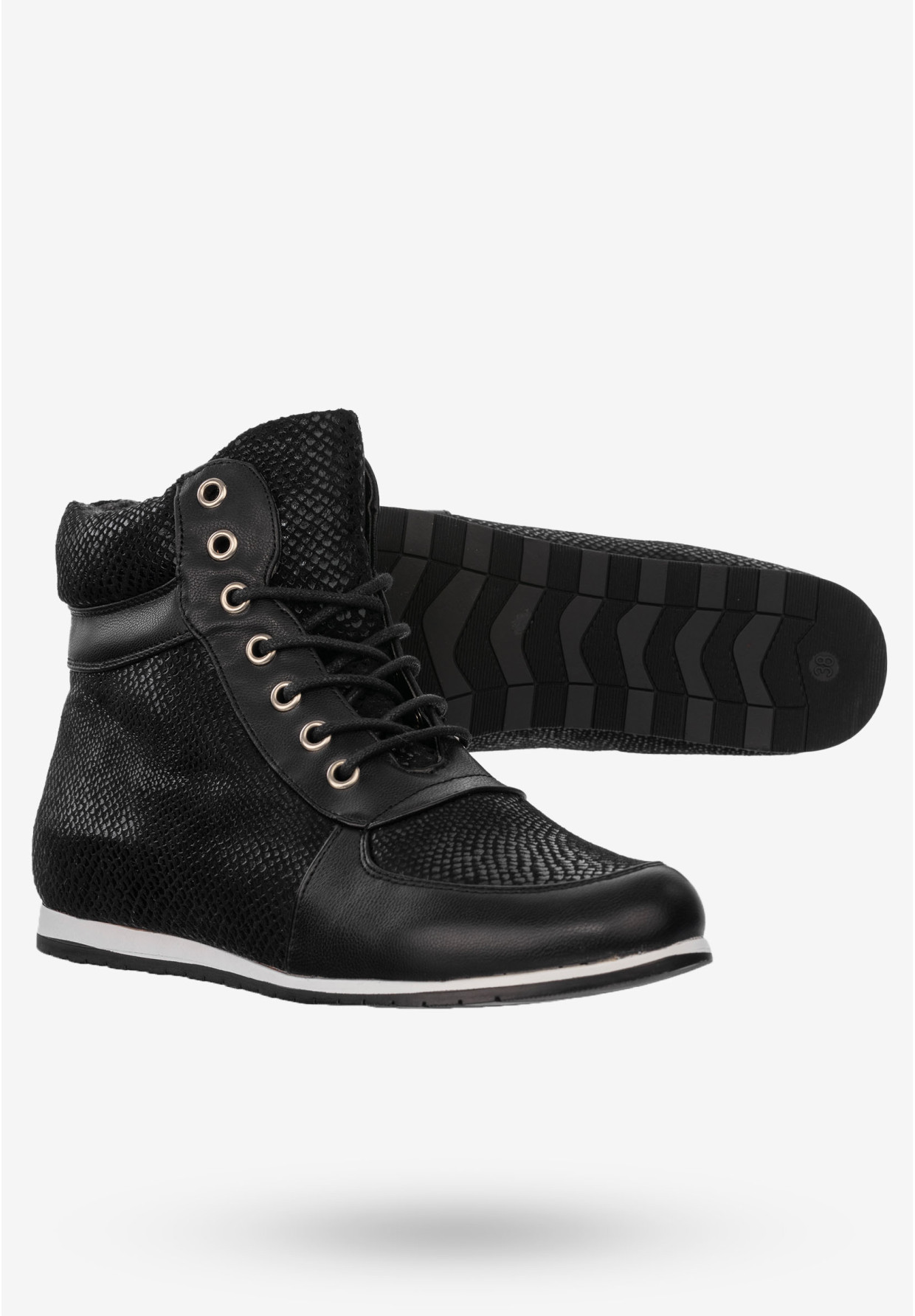 Buty Damskie Botki Ekoskóra Na Zimę Klasyczne Sznurowane Czarne 3802