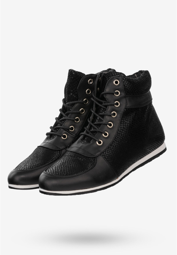 Buty Damskie Botki Ekoskóra Na Zimę Klasyczne Sznurowane Czarne 3802