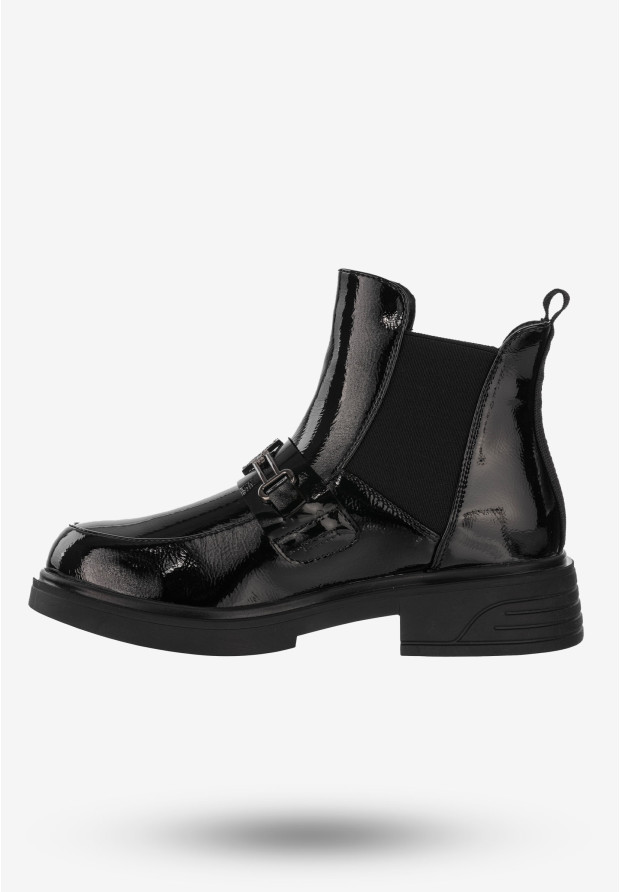 Buty Damskie Botki Ekoskóra Na Zimę Ocieplane Lakierowane Czarne Potocki 24-12542BKP