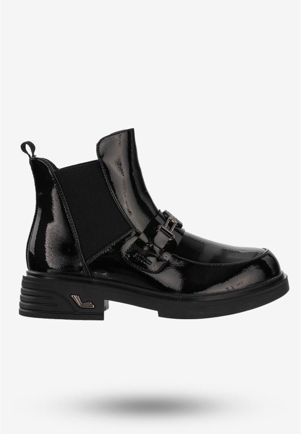 Buty Damskie Botki Ekoskóra Na Zimę Ocieplane Lakierowane Czarne Potocki 24-12542BKP