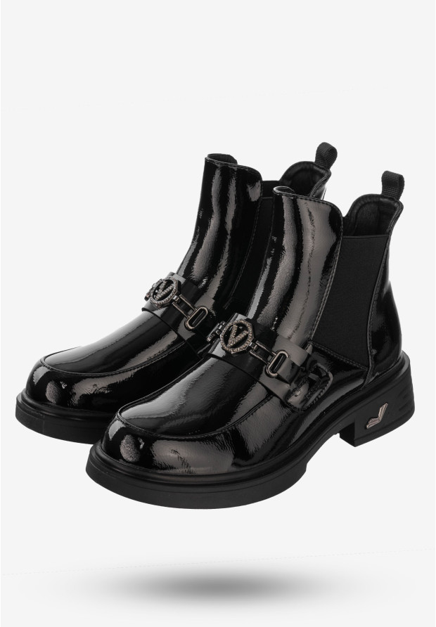 Buty Damskie Botki Ekoskóra Na Zimę Ocieplane Lakierowane Czarne Potocki 24-12542BKP