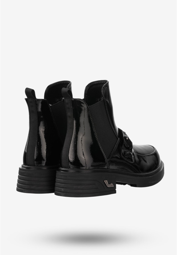 Buty Damskie Botki Ekoskóra Na Zimę Ocieplane Lakierowane Czarne Potocki 24-12542BKP