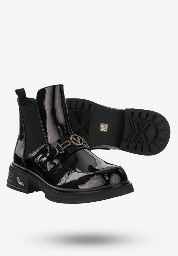 Buty Damskie Botki Ekoskóra Na Zimę Ocieplane Lakierowane Czarne Potocki 24-12542BKP