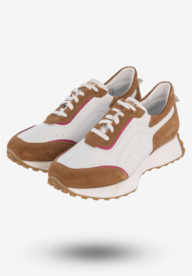 Buty Damskie Sportowe Sneakersy Skórzane Modne Biało Brązowe 5000A