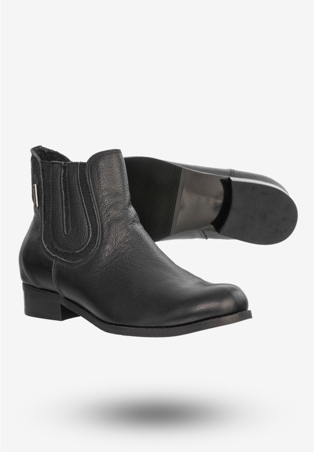 Buty Damskie Botki Ze Skóry Naturalnej Na Płaskim Obcasie Na Zimę Czarne 0139