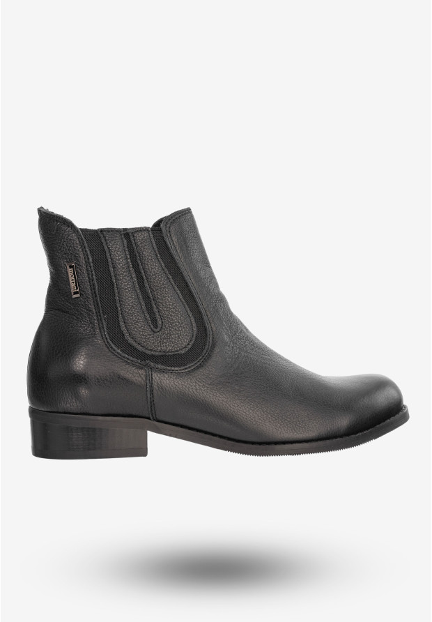 Buty Damskie Botki Ze Skóry Naturalnej Na Płaskim Obcasie Na Zimę Czarne 0139