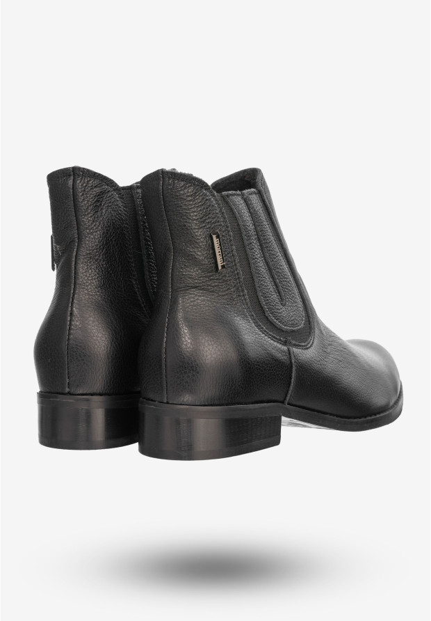 Buty Damskie Botki Ze Skóry Naturalnej Na Płaskim Obcasie Na Zimę Czarne 0139