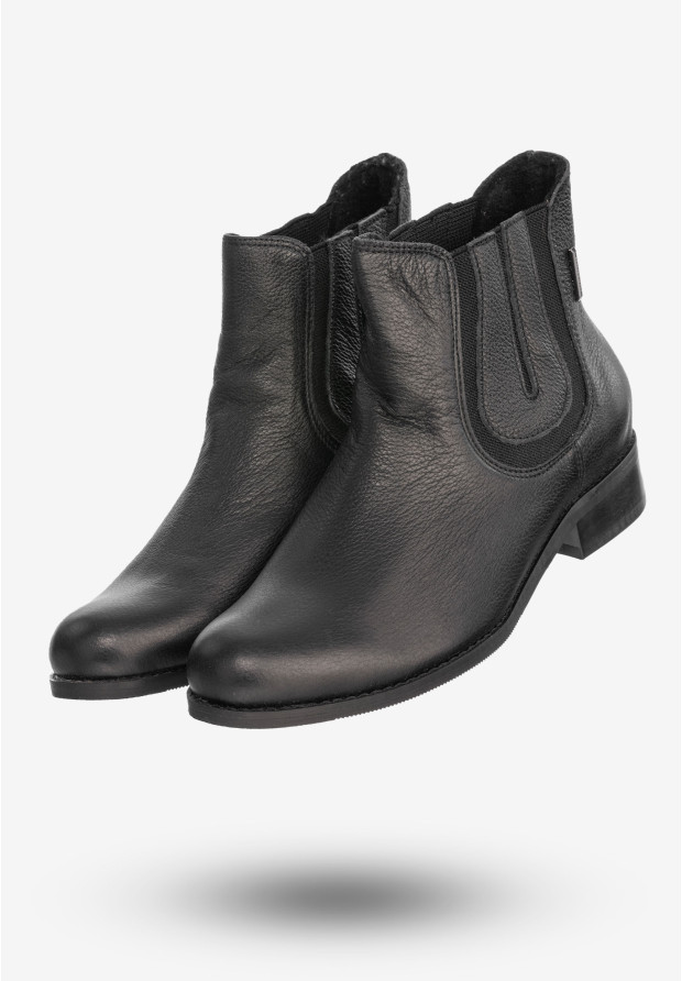 Buty Damskie Botki Ze Skóry Naturalnej Na Płaskim Obcasie Na Zimę Czarne 0139
