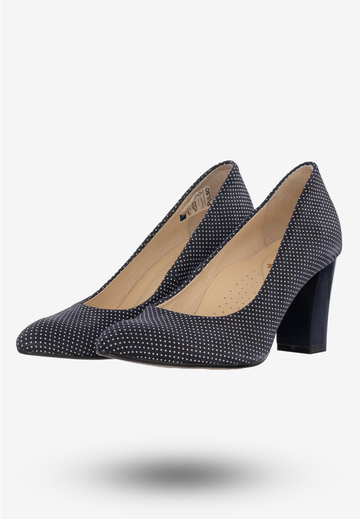 Czółenka Damskie Buty Skórzane Na Słupku Granatowe W Kropki Pulso AF-305G