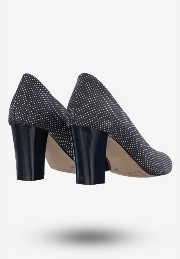 Czółenka Damskie Buty Skórzane Na Słupku Granatowe W Kropki Pulso AF-305G