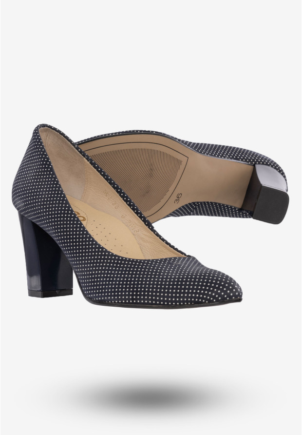 Czółenka Damskie Buty Skórzane Na Słupku Granatowe W Kropki Pulso AF-305G
