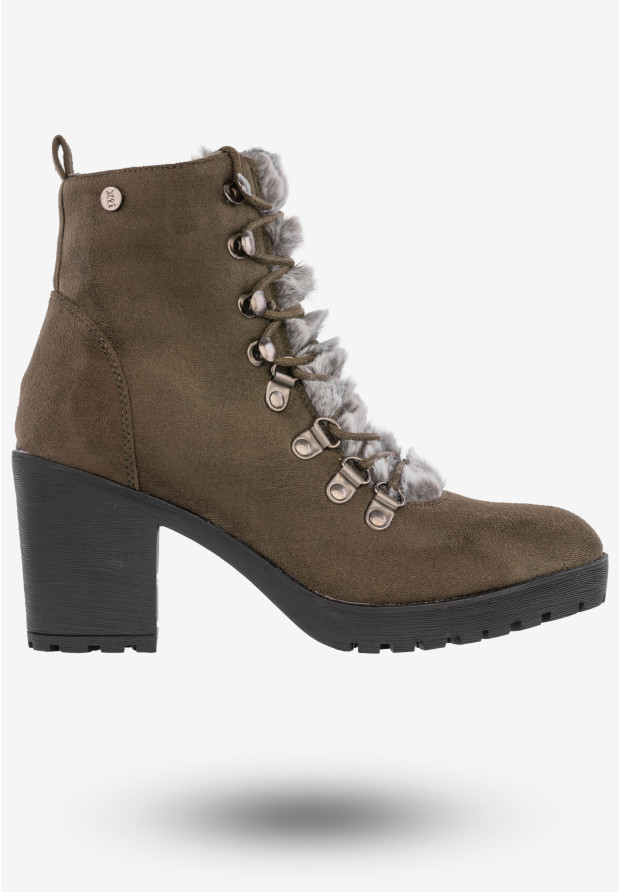 Botki Damskie Zamszowe Buty Na Klocku Z Futerkiem Xti Khaki