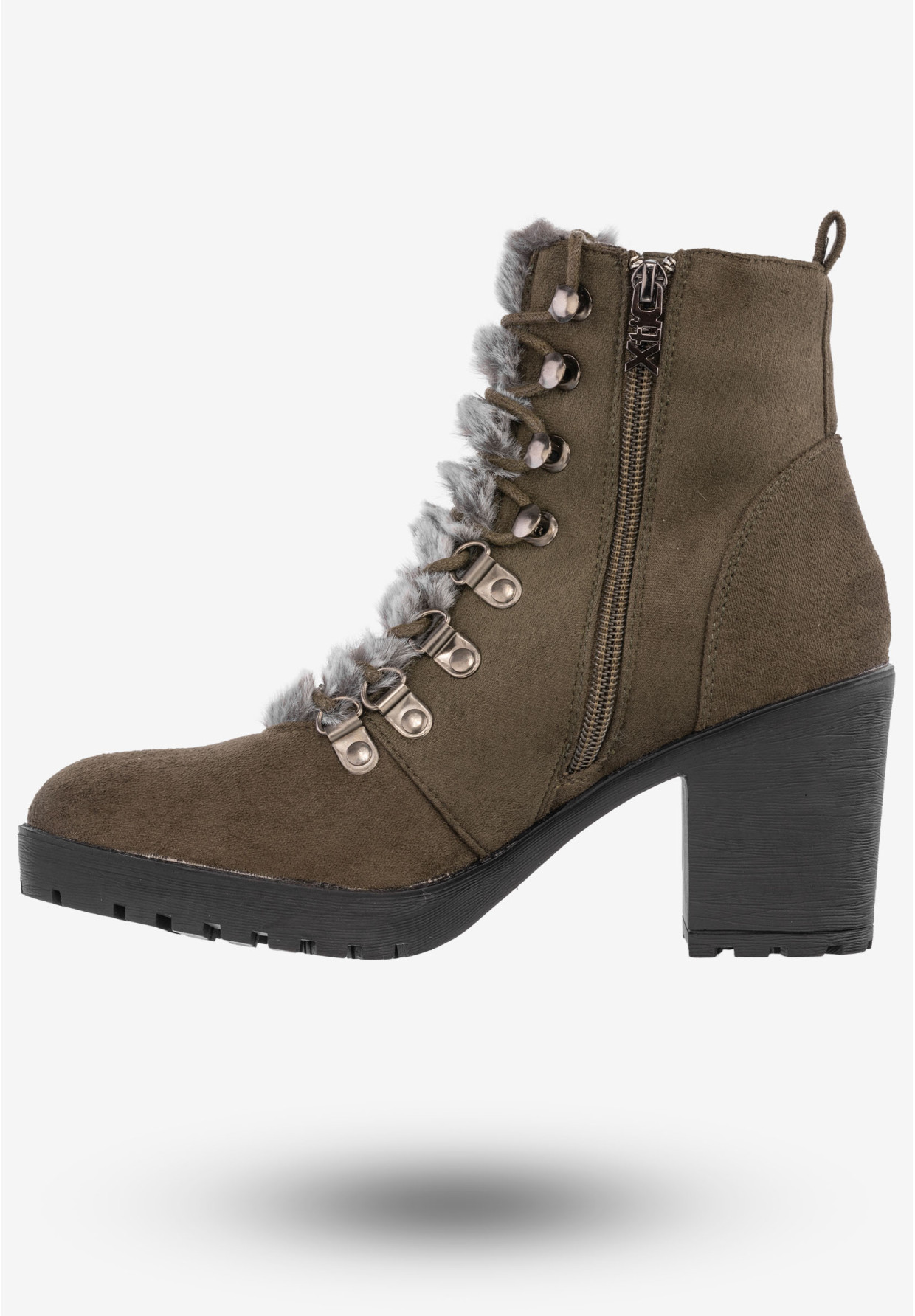 Botki Damskie Zamszowe Buty Na Klocku Z Futerkiem Xti Khaki