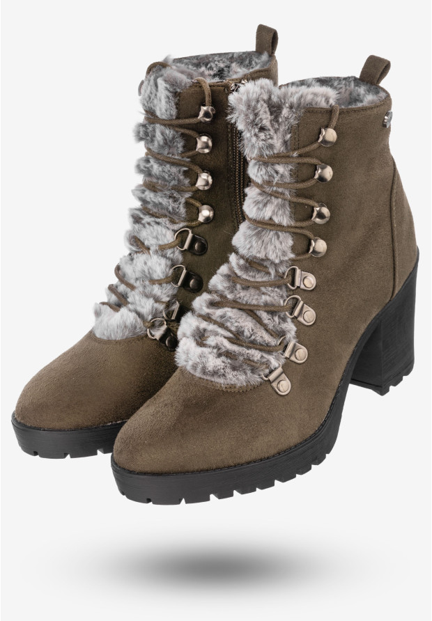 Botki Damskie Zamszowe Buty Na Klocku Z Futerkiem Xti Khaki