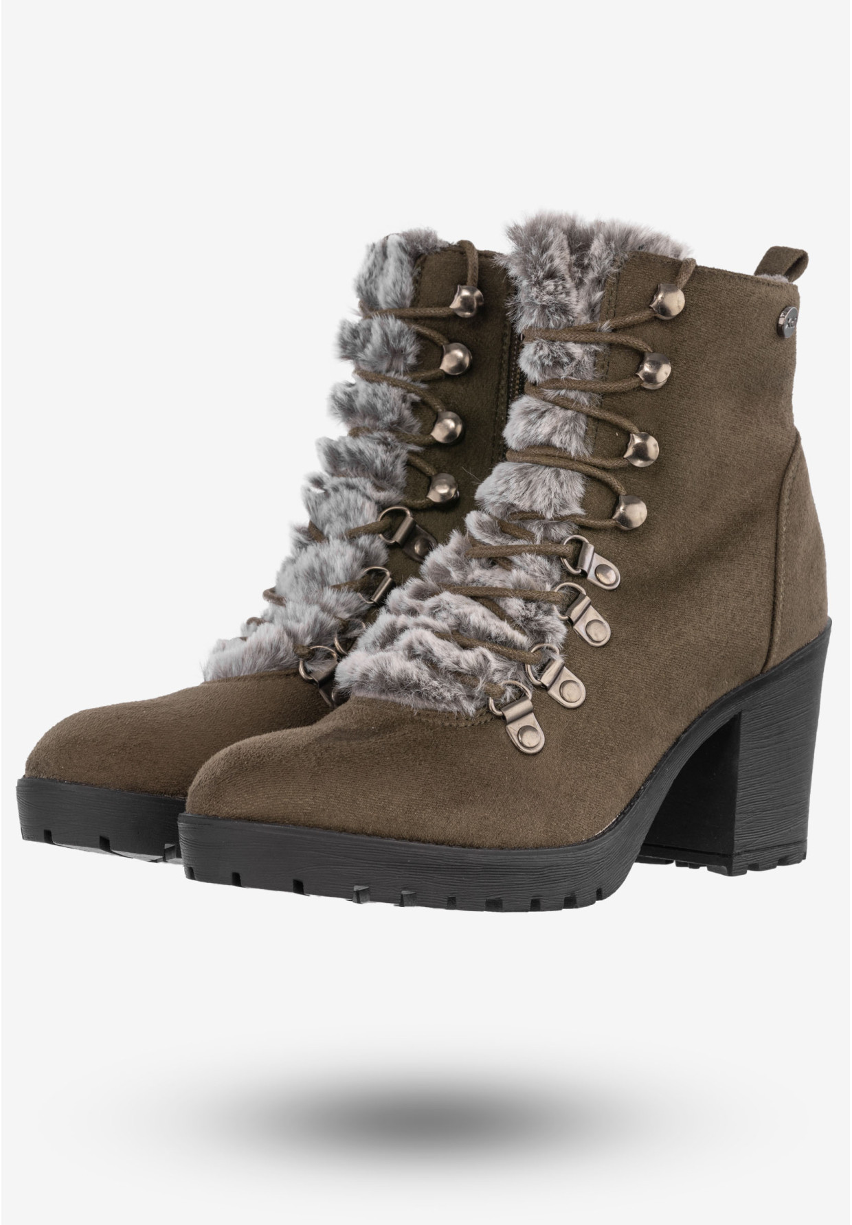 Botki Damskie Zamszowe Buty Na Klocku Z Futerkiem Xti Khaki