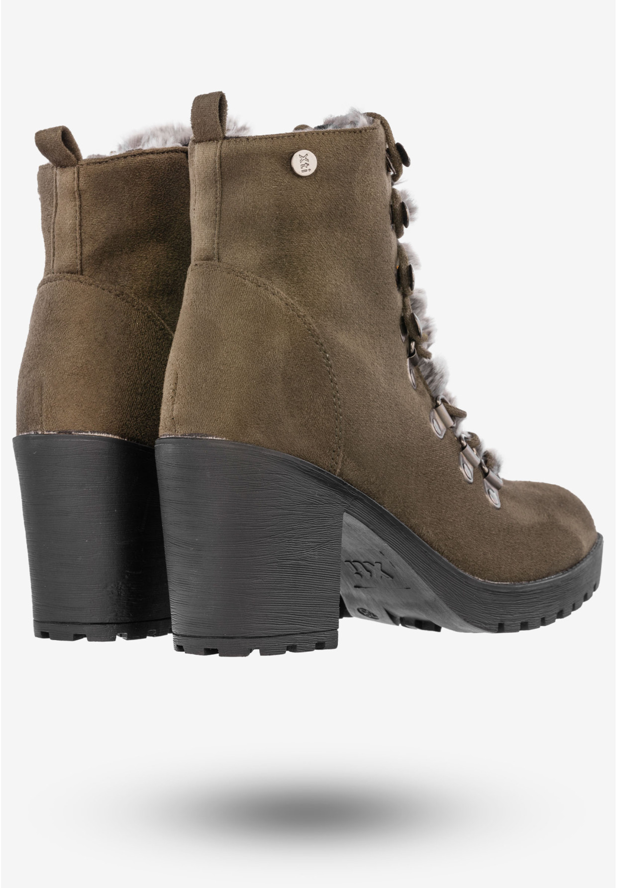 Botki Damskie Zamszowe Buty Na Klocku Z Futerkiem Xti Khaki