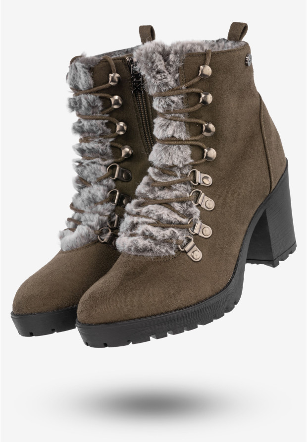 Botki Damskie Zamszowe Buty Na Klocku Z Futerkiem Xti Khaki