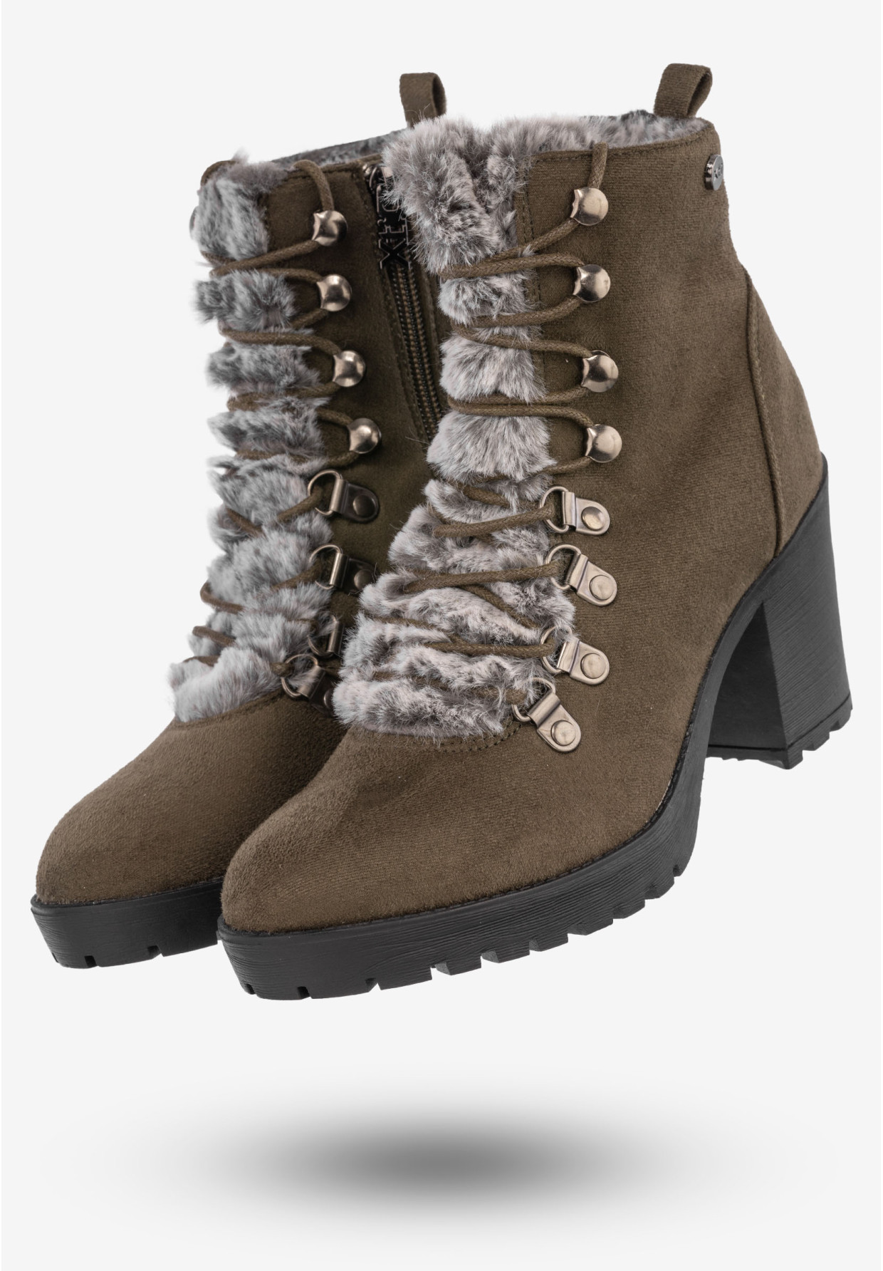 Botki Damskie Zamszowe Buty Na Klocku Z Futerkiem Xti Khaki