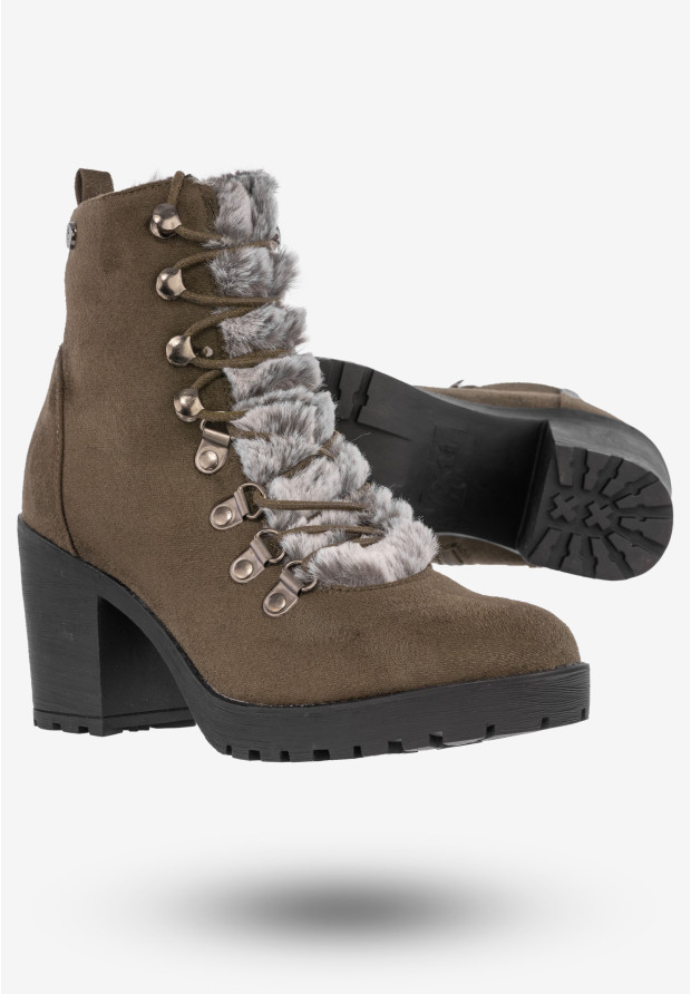 Botki Damskie Zamszowe Buty Na Klocku Z Futerkiem Xti Khaki
