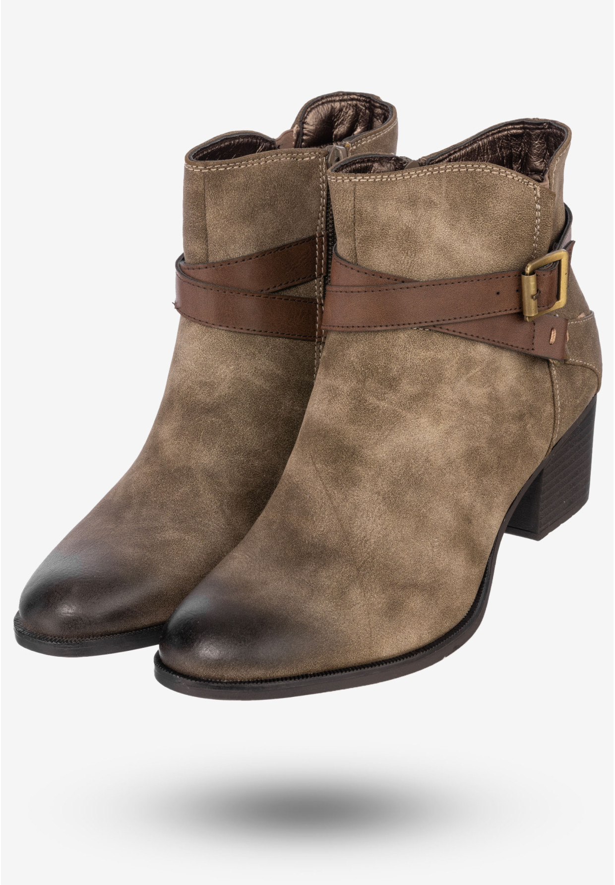 Botki Damskie Ekoskóra Buty Ocieplane Zimowe Na Obcasie Jezzi Khaki AM64-50