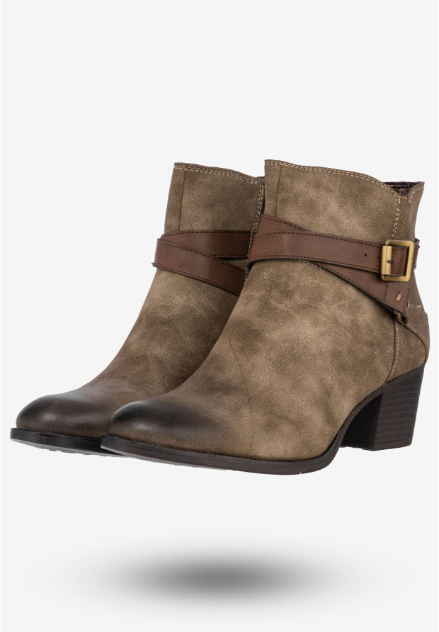 Botki Damskie Ekoskóra Buty Ocieplane Zimowe Na Obcasie Jezzi Khaki AM64-50