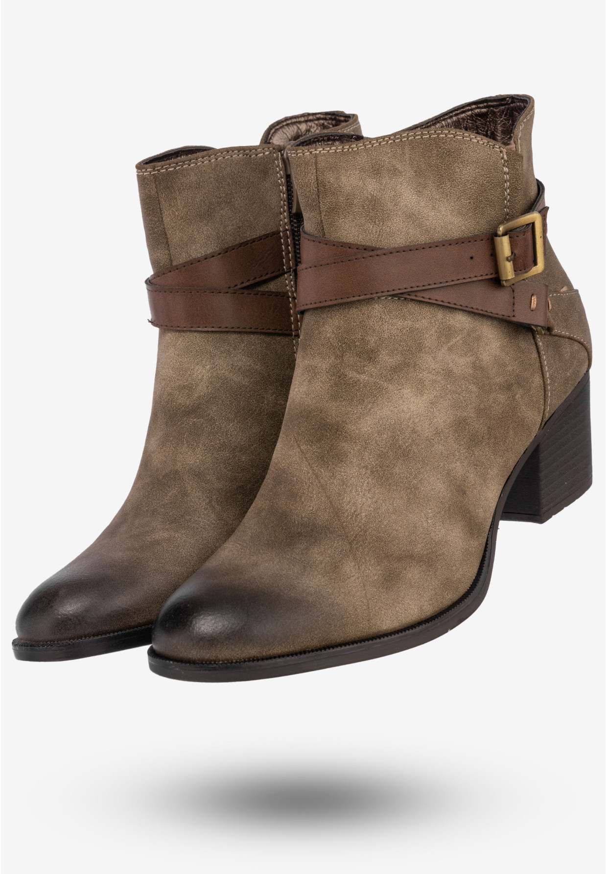 Botki Damskie Ekoskóra Buty Ocieplane Zimowe Na Obcasie Jezzi Khaki AM64-50