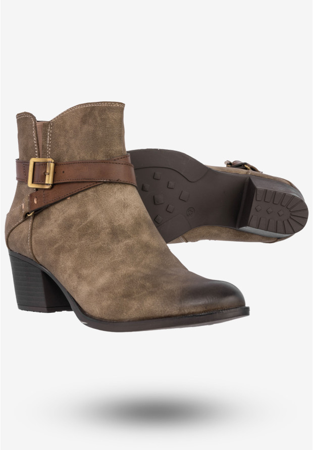 Botki Damskie Ekoskóra Buty Ocieplane Zimowe Na Obcasie Jezzi Khaki AM64-50