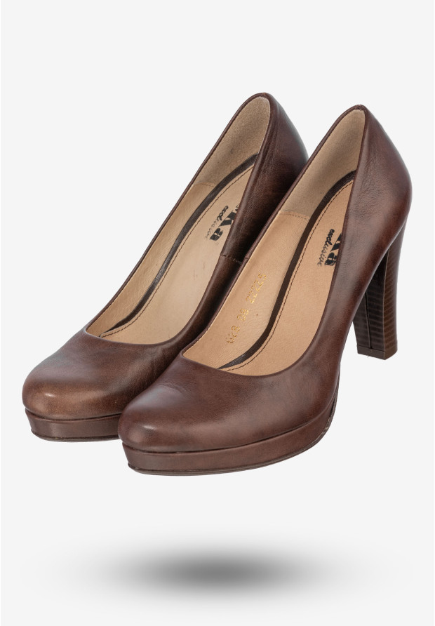 Czółenka Damskie Skórzane Buty Na Obcasie Modne eSKa Brązowe 628