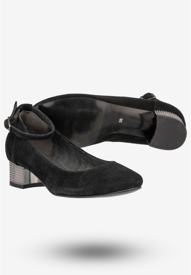 Czółenka Damskie Zamszowe Buty Na Klocku Eleganckie Czarne