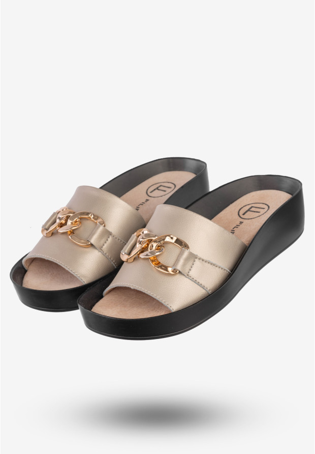 Klapki Damskie Skórzane Buty Eleganckie Filippo Złote DK3590/22