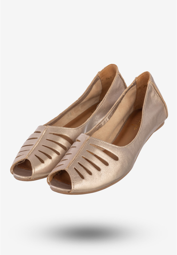 Baleriny Damskie Skórzane Buty Eleganckie Półbuty Maciejka Złote