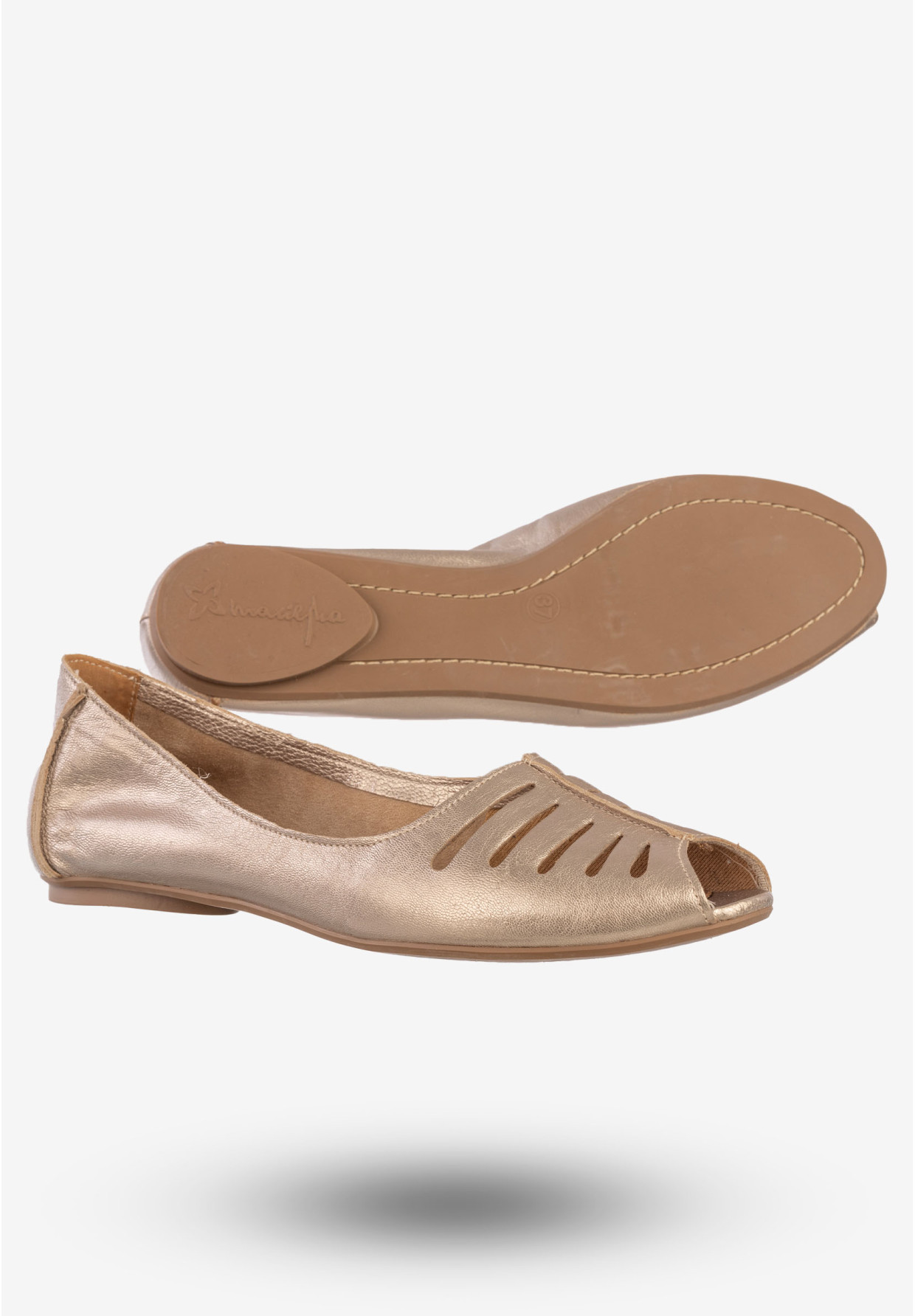 Baleriny Damskie Skórzane Buty Eleganckie Półbuty Maciejka Złote